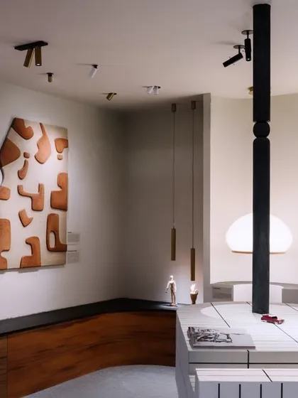This view showcases a variety of our lighting tools in one cohesive space, from pendant lights to an array of spotlights, all working together to illuminate a large piece of wall art.