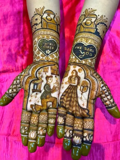 A modern love story captured in henna. This design features the proposal moment, with the groom on one knee, and is personalized with "Family Asked" and "We Said Yes" to celebrate their journey to the altar.