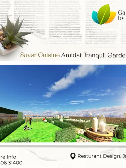 A 3D render for a restaurant in Jaipur, designed to offer a unique dining experience amidst tranquil gardens. The open green lawn and minimalist water feature create a serene and spacious atmosphere.