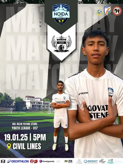 Matchday 2 poster for our U17 team in the Delhi Youth League, featuring our players ready for another strong performance.