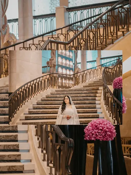 A creative collage of the bride on the grand staircase, emphasizing the scale and beauty of the moment.