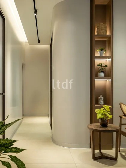 A view of the clinic's corridor, where a curved wall softens the geometry of the space. An inset wooden shelf with integrated lighting provides a niche for greenery and decor, transforming a simple passageway into a thoughtfully designed experience.