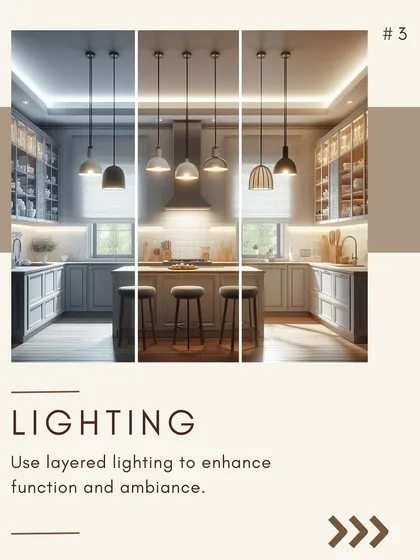 Layered lighting is essential for both function and ambiance. I combine overhead lights for general illumination, task lighting under cabinets, and pendant lights over islands for a complete setup.