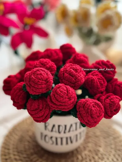 For a classic romantic gesture, I created this dense arrangement of deep red crochet roses. Placed in a mug that says 'Radiate Positivity', it's a gift that offers both beauty and a lovely message.
