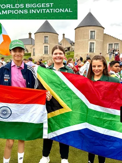 Prisca Sachdeva representing India at the "Champions of Champions" Junior Invitational in Ireland, standing with fellow competitors from around the world.