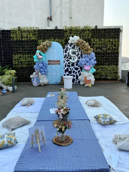 A wide shot of the farm-themed picnic setup, showing how I can transform a rooftop terrace into a charming countryside escape.