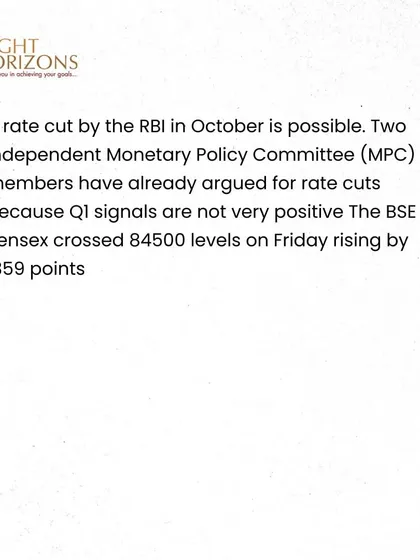 This slide from our bulletin discusses the possibility of a rate cut by the RBI in October. We note that two MPC members have argued for rate cuts due to less positive Q1 signals, even as the Sensex crossed 84500 levels.