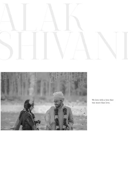An artistic black and white shot of the couple, presented in a minimalist, elegant layout.