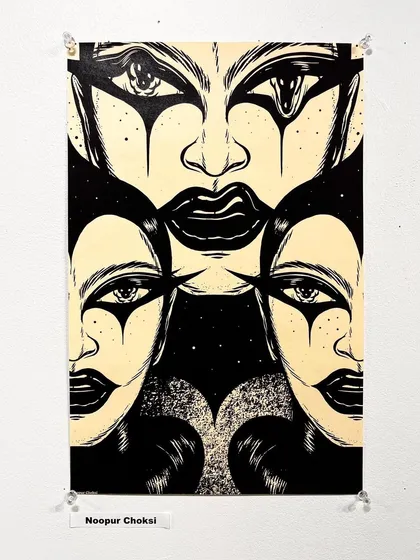 My 'Halloween Clowns' artwork on display in a gallery exhibition at MICA.