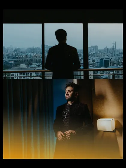 A diptych of the groom, featuring a silhouette against the city skyline and a portrait with dramatic side lighting.