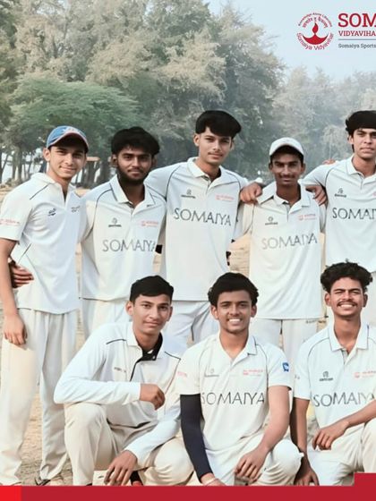 The K. J. Somaiya Polytechnic cricket team after their opening win in the IEDSSA Zonal Cricket Competition.