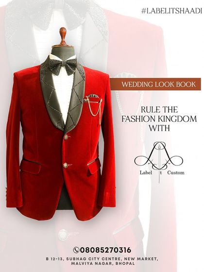 Make a bold entrance with this striking red velvet tuxedo. Featuring a black quilted satin lapel and a matching bow tie, this is a look designed for the man who wants to rule the fashion kingdom at his wedding or reception.