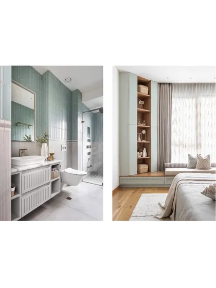 Our design philosophy is about creating harmony in every detail. The soft green and grey palette of the bathroom is thoughtfully coordinated with the serene tones of the adjacent bedroom, ensuring a consistent and calming aesthetic throughout the private spaces of the home.