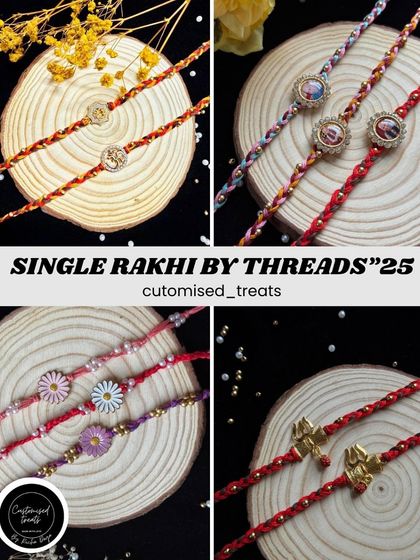 Another glimpse into my single rakhi collection, featuring personalized photo rakhis, spiritual 'Om' and 'Trishul' designs, and cute daisy charms.