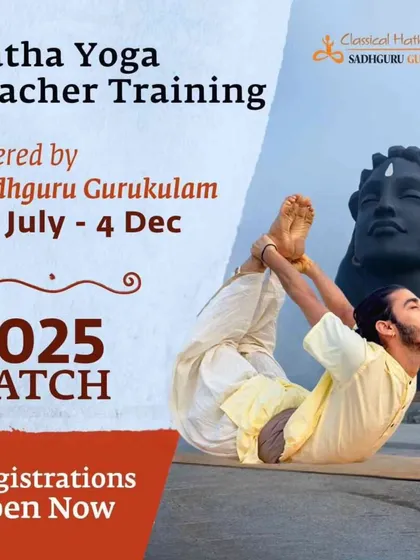 A practitioner demonstrates a powerful asana in front of the Adiyogi statue. This is the goal of the Hatha Yoga Teacher Training: to embody the practice and offer it to the world.