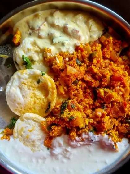 Another example of my daily meals: scrambled eggs with paneer and poached eggs on the side. High in protein and healthy fats.