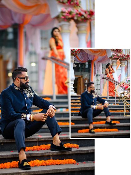 A cool shot of the groom-to-be, with his partner in the background, creating a sense of anticipation.