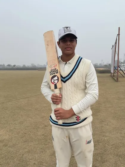 Rupank Aggarwal, the youngest player of the team, holding his bat after a match-winning knock of 92 for Neo Sports Cricket Club. A glimpse of the bright future of our academy.