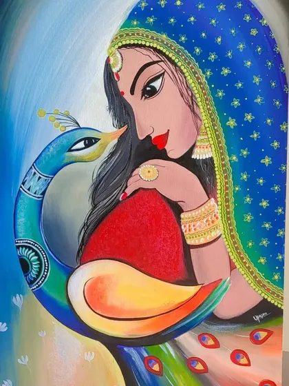A detailed shot of the woman and peacock artwork, highlighting the vibrant colors of the peacock's feathers and the woman's expressive eyes.