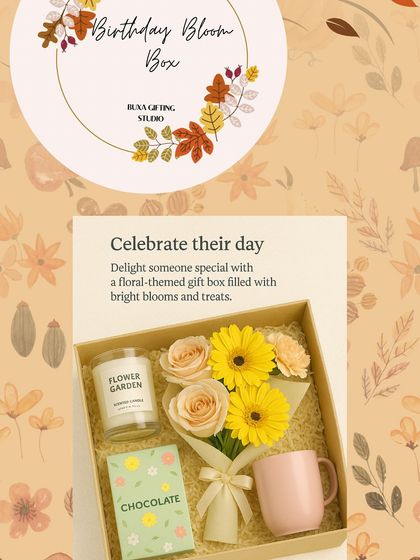 My "Birthday Bloom Box" idea, a floral-themed gift box with a candle, mug, chocolate, and a small bouquet.