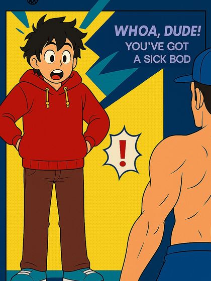 "Whoa, dude, you've got a sick bod." The second panel shows the admiration for a fit physique, setting up the common misconception about diet food.