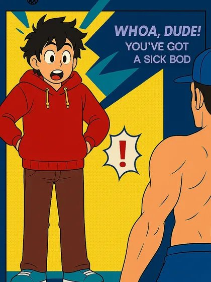 "Whoa, dude, you've got a sick bod." The second panel shows the admiration for a fit physique, setting up the common misconception about diet food.