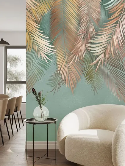 This elegant wallpaper showcases delicate, feathery palm leaves in soft pastel shades of green and pink, creating a light and airy feel.