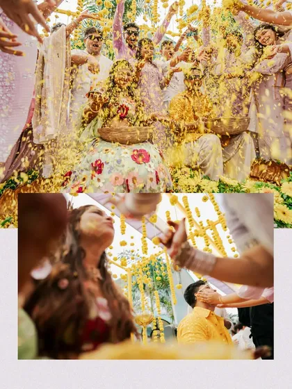A collage showing the joyful chaos of a Haldi, with the couple being showered in yellow petals by their enthusiastic friends and family.