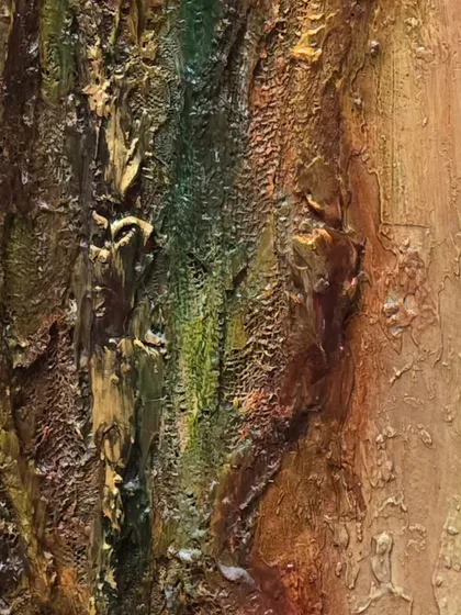 A close-up of the Wabi-Sabi piece, showing the interplay of green, brown, and gold. The textures are meant to be felt as much as seen.