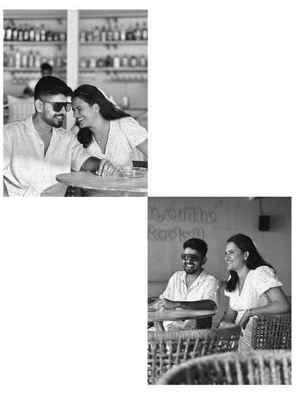 A black and white collage of the couple sharing a laugh at a cafe. Monochrome is perfect for highlighting genuine expressions and emotions.