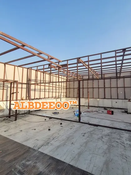 A wide shot of the MS pipe grid for a large terrace structure. This framework is the foundation of our buildings, engineered for strength and durability.