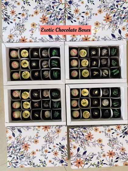 My beautiful floral-themed exotic chocolate boxes, perfect for gifting on occasions like Diwali. I offer a range of unique, homemade chocolate flavors that make for a truly special present.