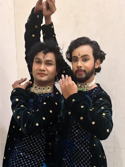 A powerful pose from a duet performance based on the Tandava Stotram. This showcases the dynamic and strong masculine energy that can be expressed through classical Indian dance.
