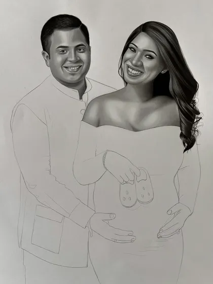 The maternity portrait, partially shaded. I often work on one person at a time, bringing them to life before moving on to the next, as you can see with the husband's face and jacket here.