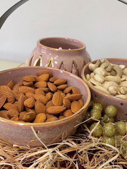 A closer look at the blushing pink bowls from my Diwali collection. They are accented with real gold, adding a touch of luxury to the celebration.