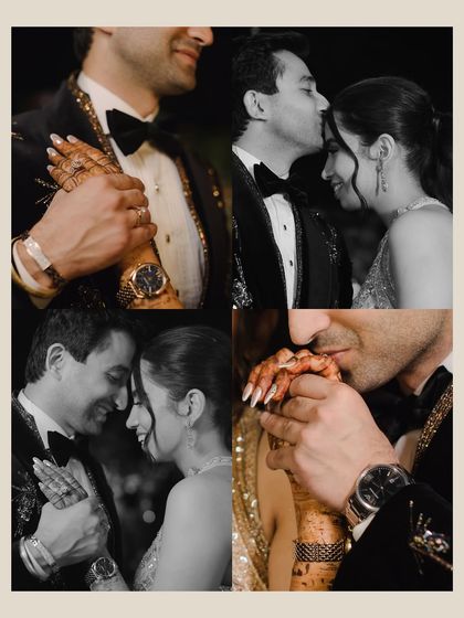 A collage of intimate black and white moments from the sangeet. These close-up shots of holding hands, kisses, and gentle embraces tell a story of deep affection.