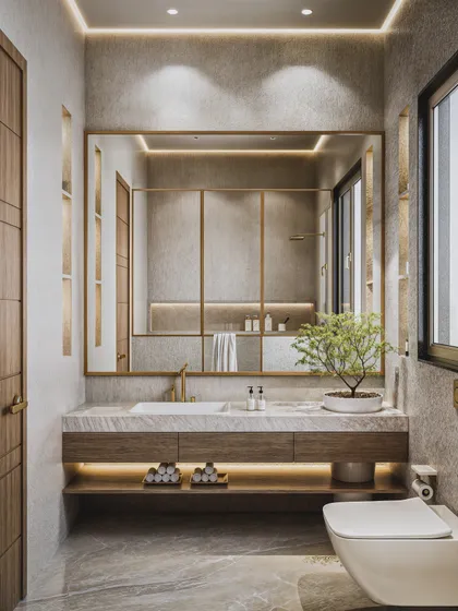 A master toilet rendered in earthy, textural materials. The floating wood vanity with a stone top is complemented by gold-framed mirrors and fixtures.