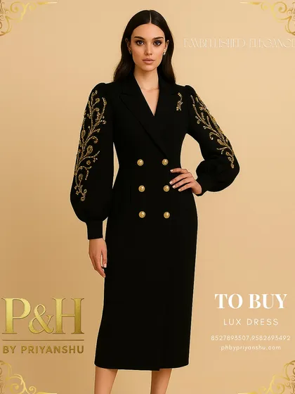 This powerful black double-breasted dress exudes timeless sophistication. The design is elevated by intricate golden pearl embroidery on the statement puff sleeves, creating a look of opulent authority and refined glamour, perfect for any high-end event.