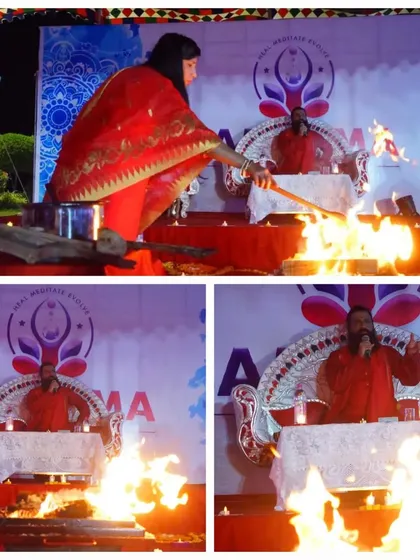This collage showcases the intensity and sacredness of our Fire Meditation event. The fire, a visible form of the divine, is used to cleanse unwanted energies and invoke powerful Siddha energies for miraculous transformations.