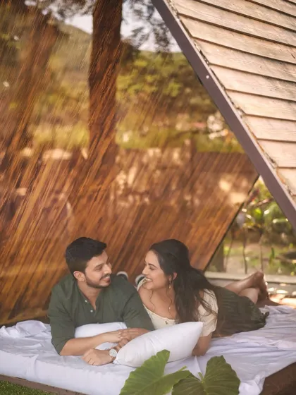 A cozy and intimate shot from inside a cabin during a pre-wedding shoot. I wanted to capture a relaxed, "at-home" feeling, styling the couple in comfortable clothes as they share a quiet moment together.