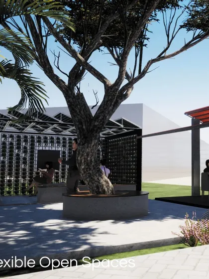 A duplicate of 91, this image shows the flexible landscape design around the meeting pod.
