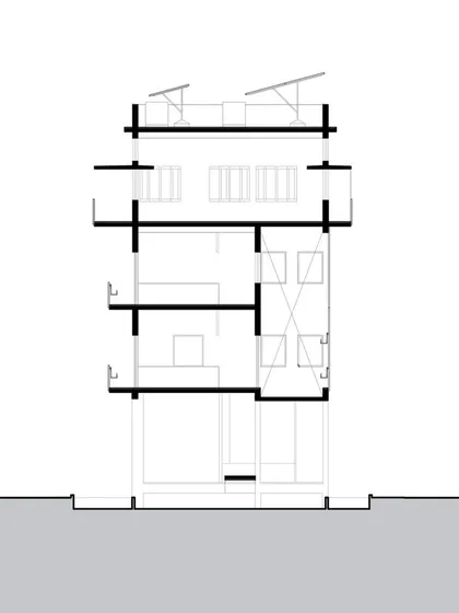 A sectional drawing highlighting the passive design features of the ASA Office, including the skewed windows for glare control and the landscaped courtyards that facilitate natural ventilation and social interaction.