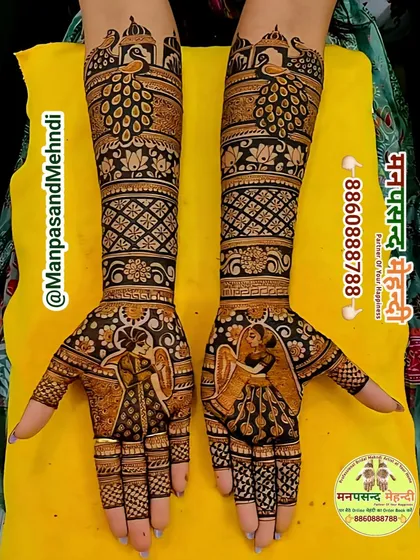 This is the kind of detailed, full-arm mehndi we love to create for festivals like Teej and Karwa Chauth. We can include traditional figures like a bride and groom or other custom elements to make your design unique.