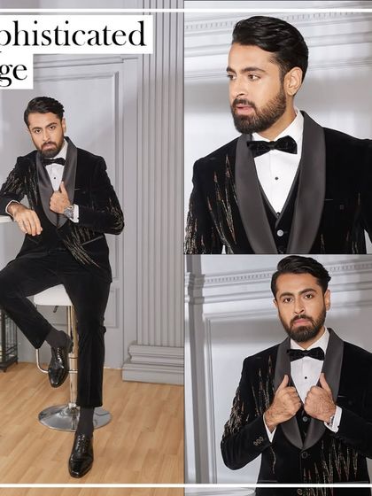 Sophisticated edge. This black velvet tuxedo features unique gold embroidery, giving it a modern and artistic flair. It's where grace meets boldness.