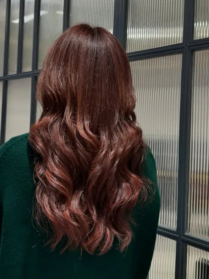 A still image of this refreshed reddish-brown color. The tone is rich and vibrant, and the hair looks incredibly healthy and shiny.