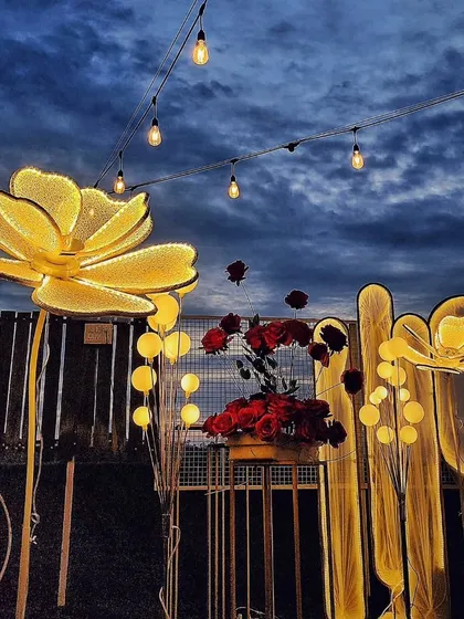 An artistic shot of the unique, large-scale illuminated flower sculptures against a dramatic twilight sky. These lights are a key element of my dreamy themed nights, adding a touch of surreal beauty to the ambiance.