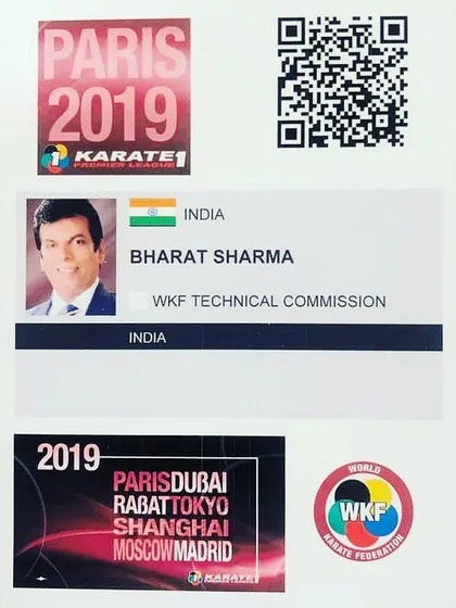 Proof of our academy's global recognition. This is Hanshi Bharat Sharma's official credential as a Technical Commission Member for the World Karate Federation.