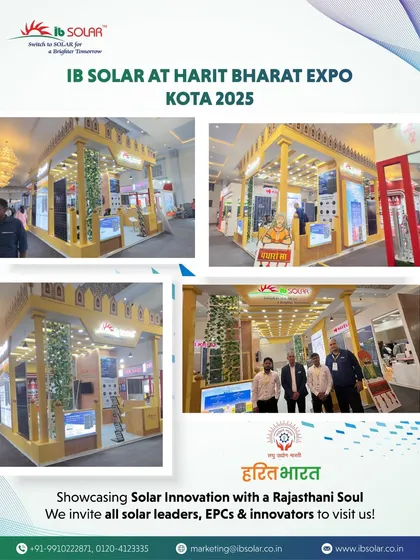 A collage showcasing our stall and team at the Harit Bharat Expo in Kota. We invited all solar leaders, EPCs, and innovators to visit us and explore our Made-in-India solar solutions.