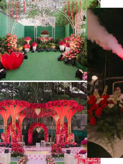 A glimpse into the grandeur of a wedding we planned, featuring a stunning red floral mandap and a classic vintage car for the baraat.