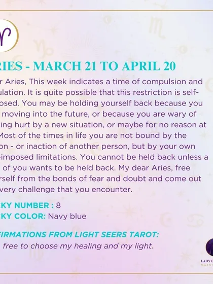This week's tarot guidance for Aries. The cards indicate a time of self-imposed regulation and the importance of freeing yourself from the bonds of fear and doubt.